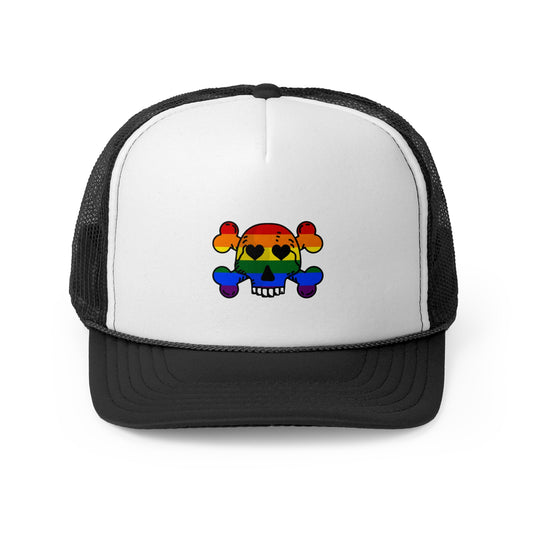 Rainbow Skull Trucker Cap, Pride Hat, LGBTQ+ Accessory, Summer Fashion, Festival Headwear