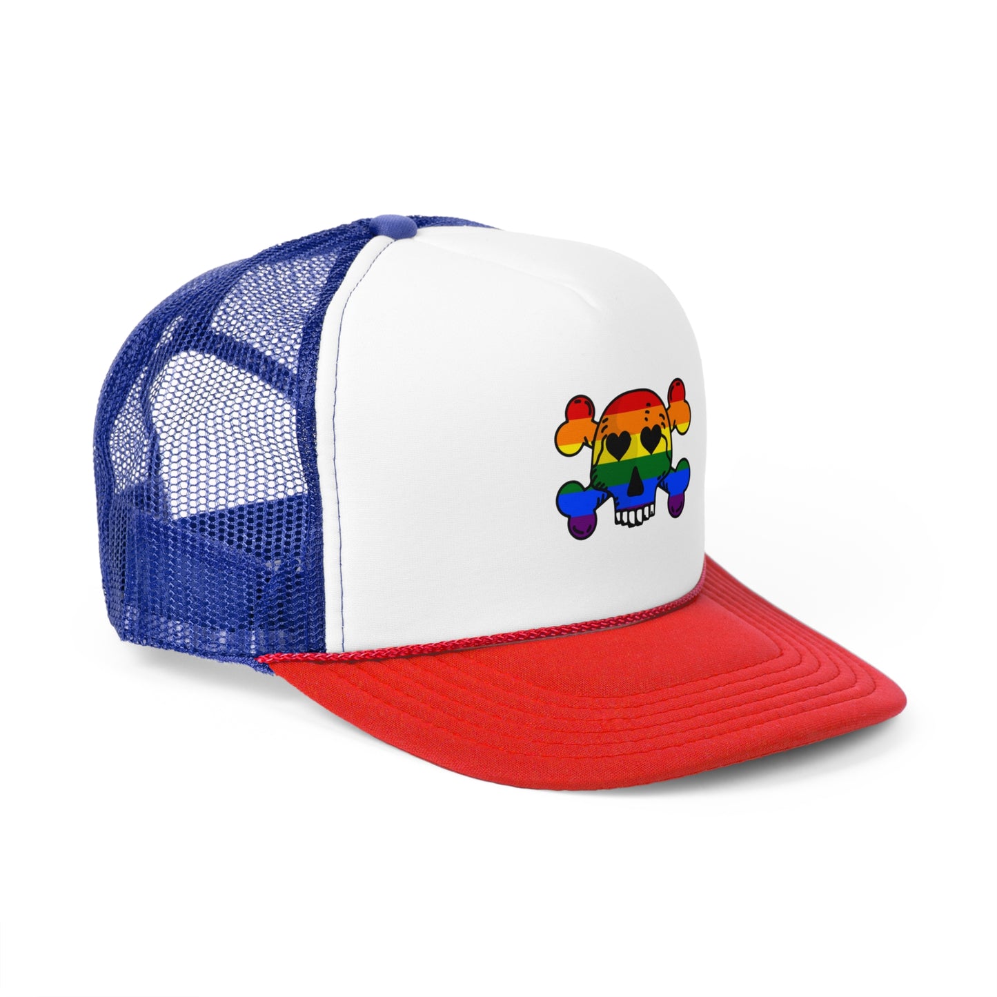Rainbow Skull Trucker Cap, Pride Hat, LGBTQ+ Accessory, Summer Fashion, Festival Headwear