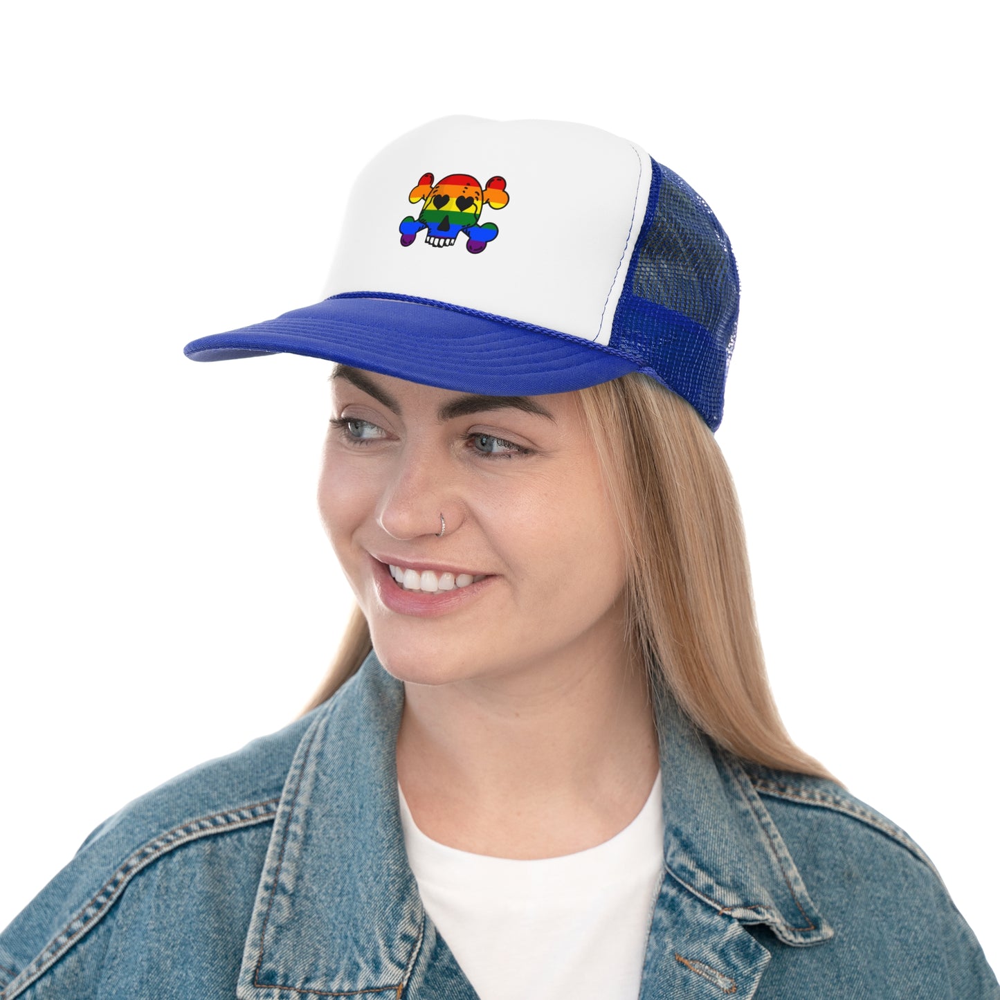 Rainbow Skull Trucker Cap, Pride Hat, LGBTQ+ Accessory, Summer Fashion, Festival Headwear