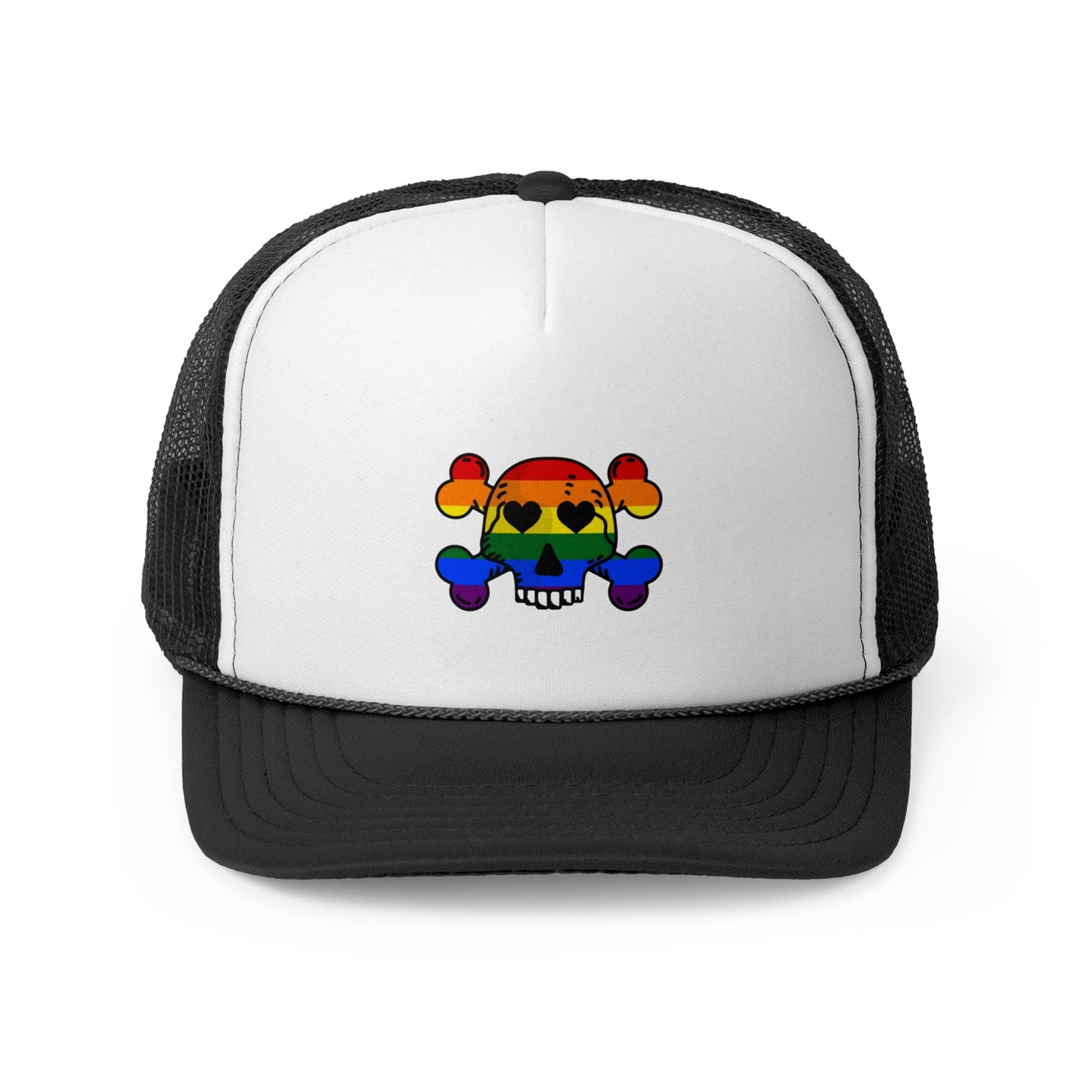 Rainbow Skull Trucker Cap, Pride Hat, LGBTQ+ Accessory, Summer Fashion, Festival Headwear