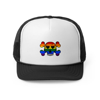 Rainbow Skull Trucker Cap, Pride Hat, LGBTQ+ Accessory, Summer Fashion, Festival Headwear