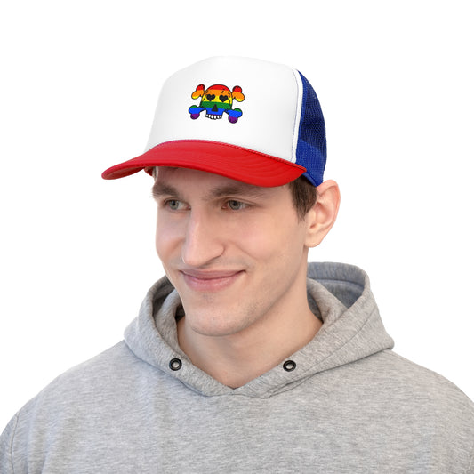 Rainbow Skull Trucker Cap, Pride Hat, LGBTQ+ Accessory, Summer Fashion, Festival Headwear