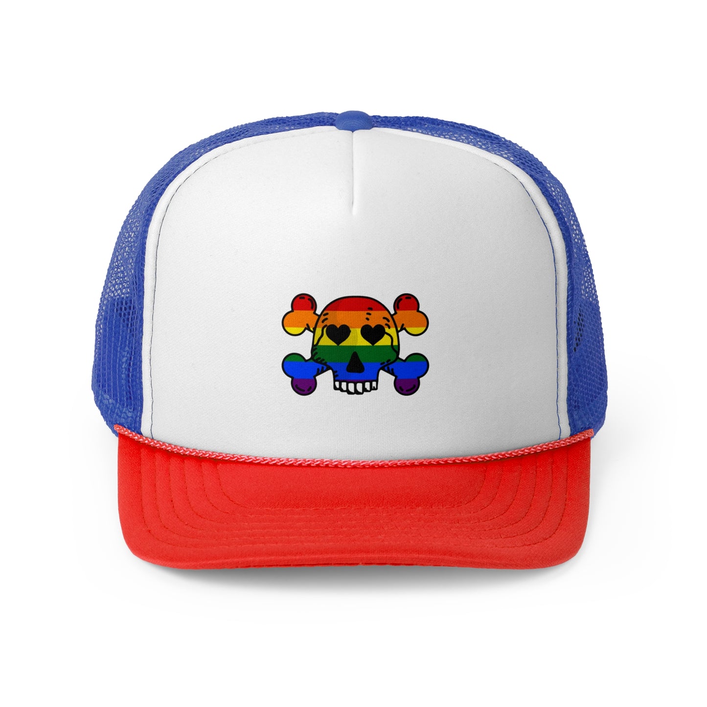 Rainbow Skull Trucker Cap, Pride Hat, LGBTQ+ Accessory, Summer Fashion, Festival Headwear