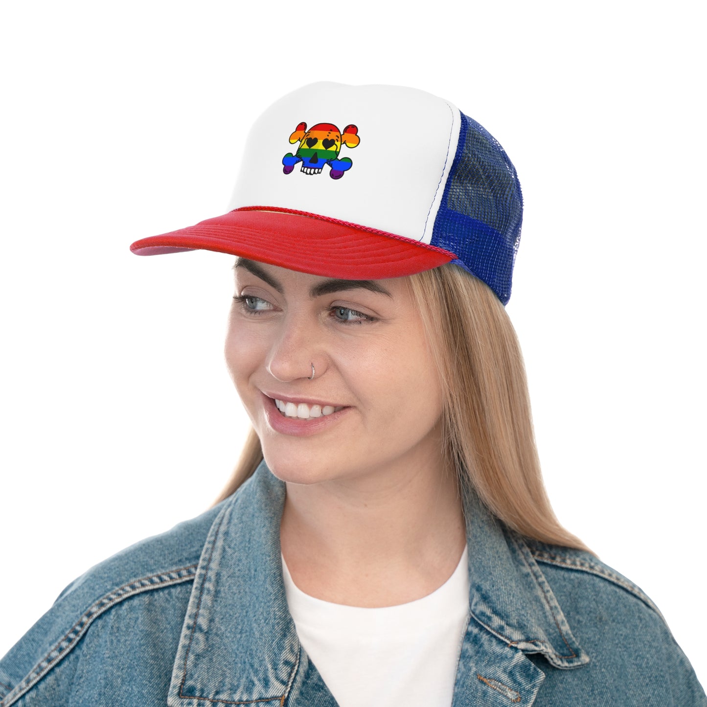 Rainbow Skull Trucker Cap, Pride Hat, LGBTQ+ Accessory, Summer Fashion, Festival Headwear