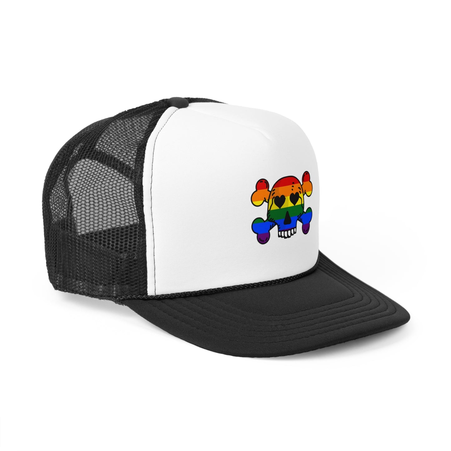 Rainbow Skull Trucker Cap, Pride Hat, LGBTQ+ Accessory, Summer Fashion, Festival Headwear